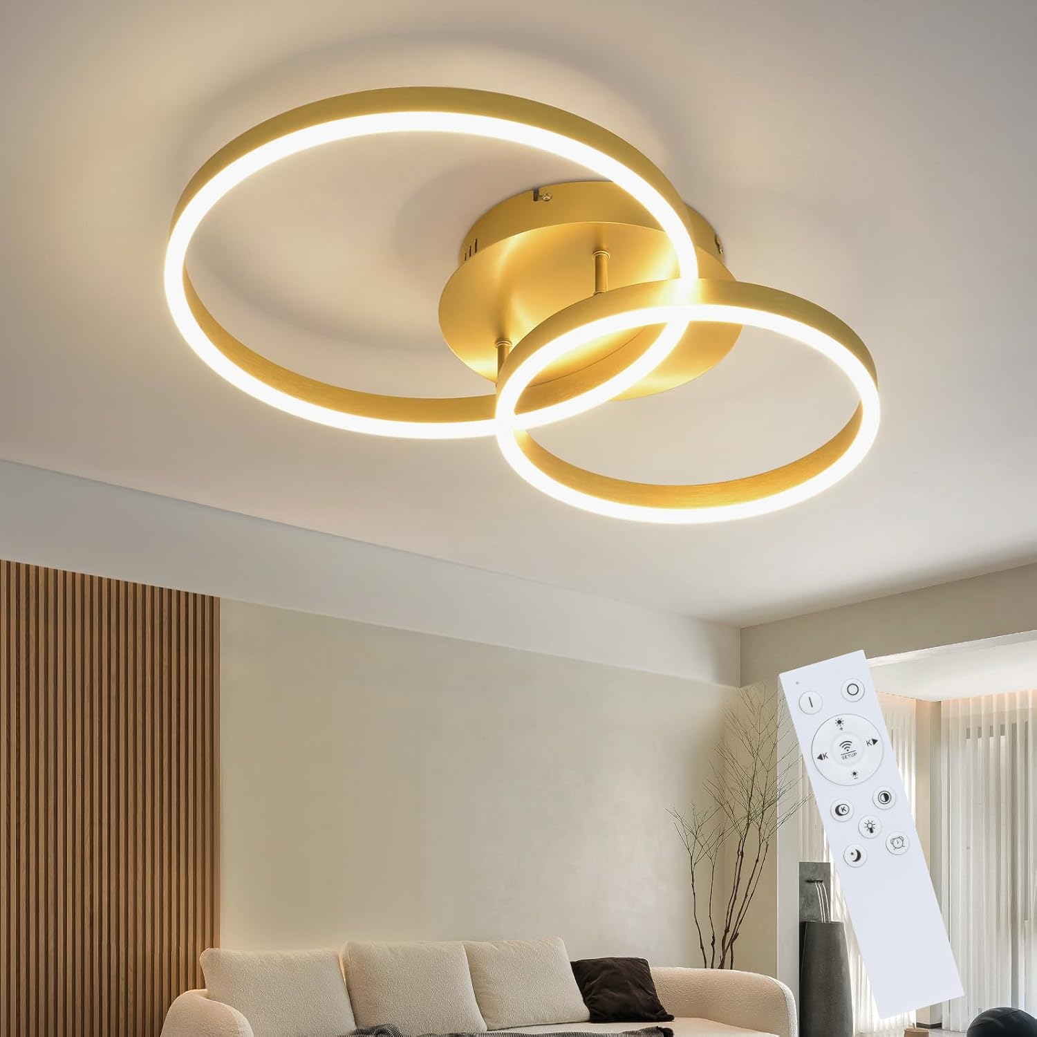 Lustra LED Beauty Gold Double Circle Echivalent 300W Telecomanda
