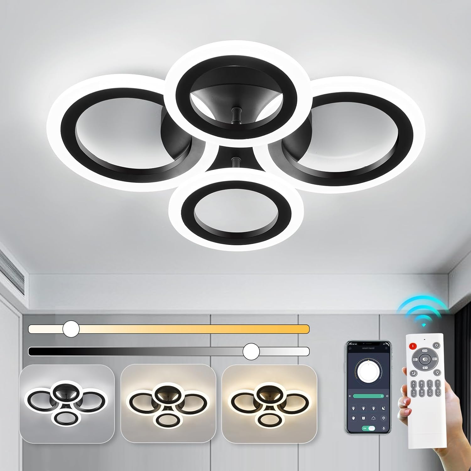 Lustra LED 72W 4 CIRCLE BLACK SMART Control Vocal Echivalent 400W