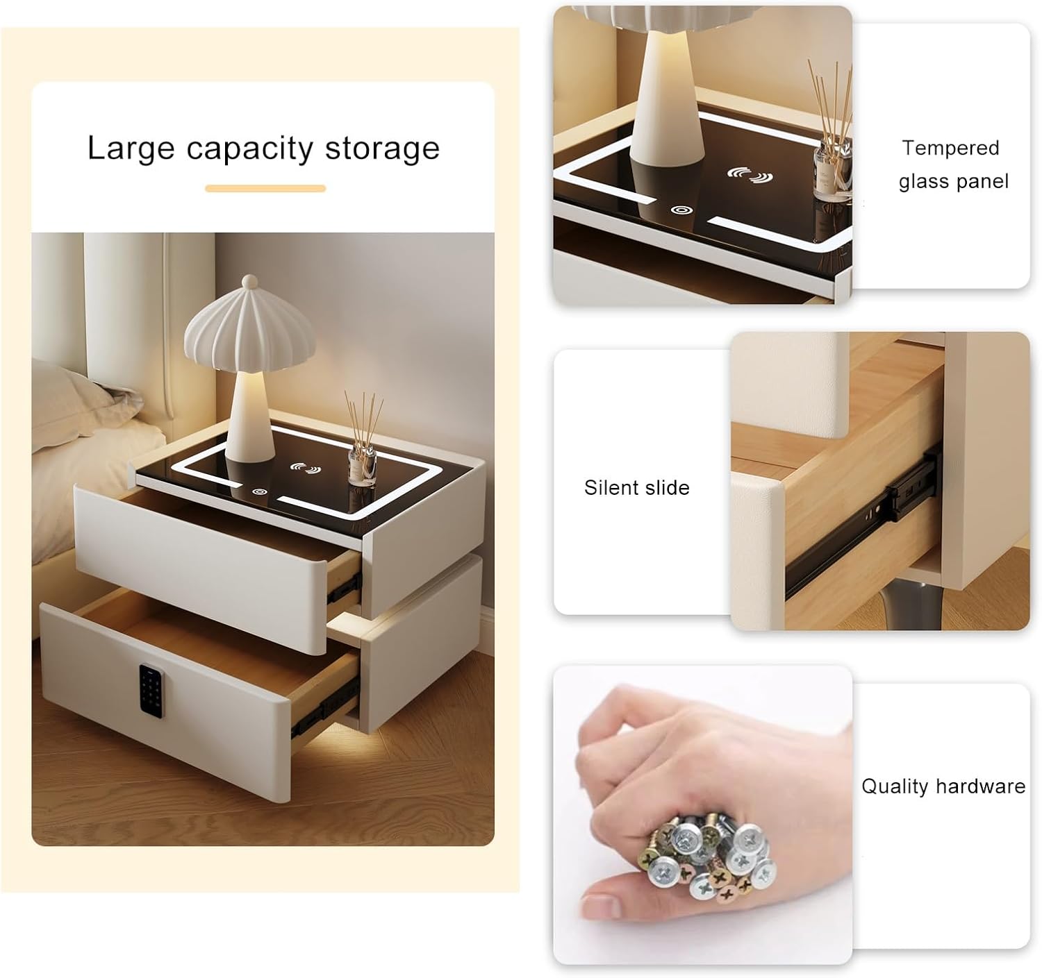 Noptiera Gri Smart cu Incarcare Wireless, Lumini, Amprenta, Boxa Bluetooth si Blocare cu Cod