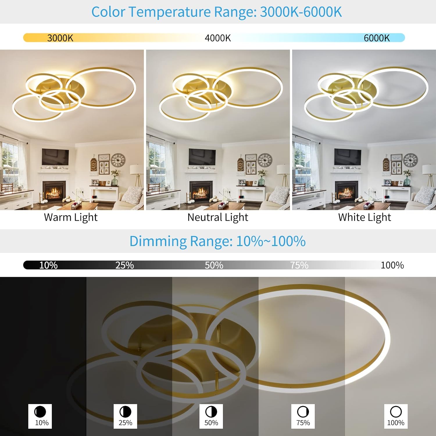 Lustra Led 234W Circle Gold Luxury Echivalent 1200W Telecomanda Lighting Fixtures