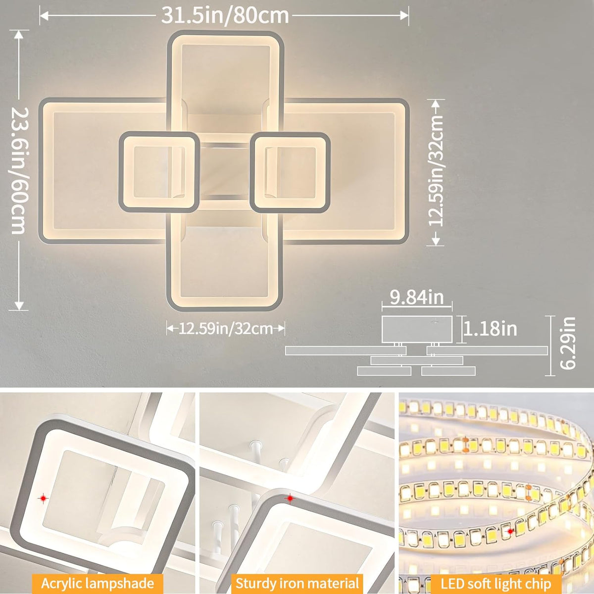 Lustra Led 4 + 2 Square Alba Cu Telecomanda Echivalent 800W Lighting Fixtures