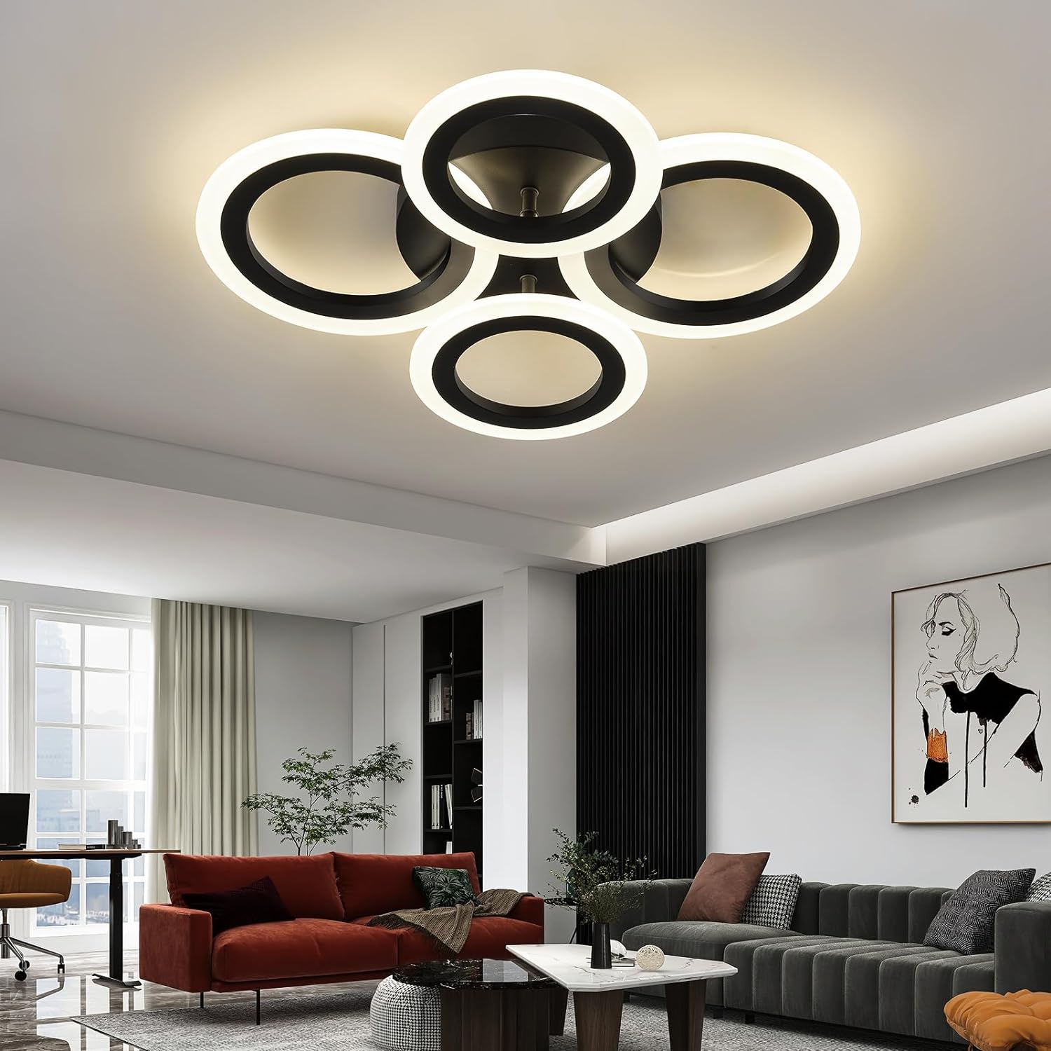 Lustra LED 72W 4 CIRCLE BLACK SMART Control Vocal Echivalent 400W