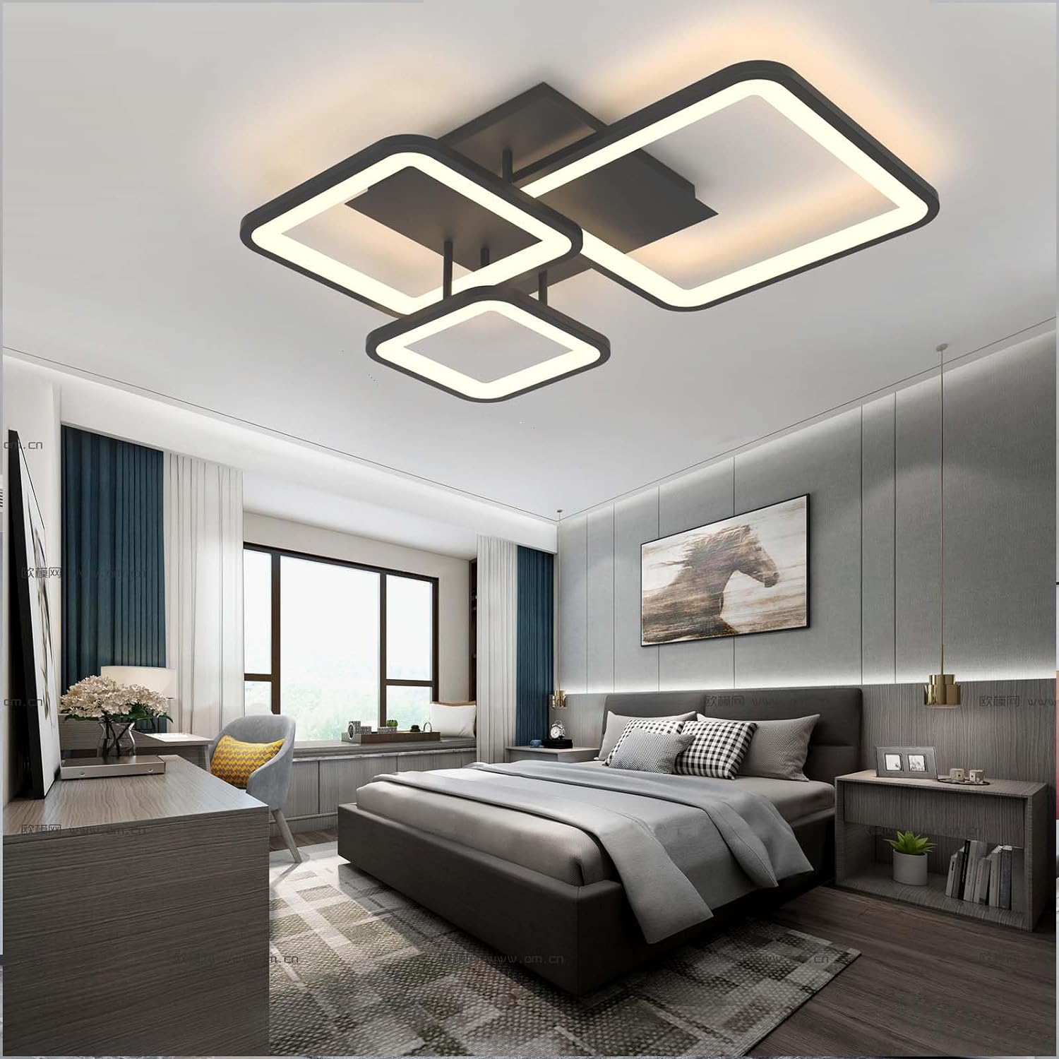 Lustra Led Three Square Black Echivalent 400W Telecomanda Lighting Fixtures