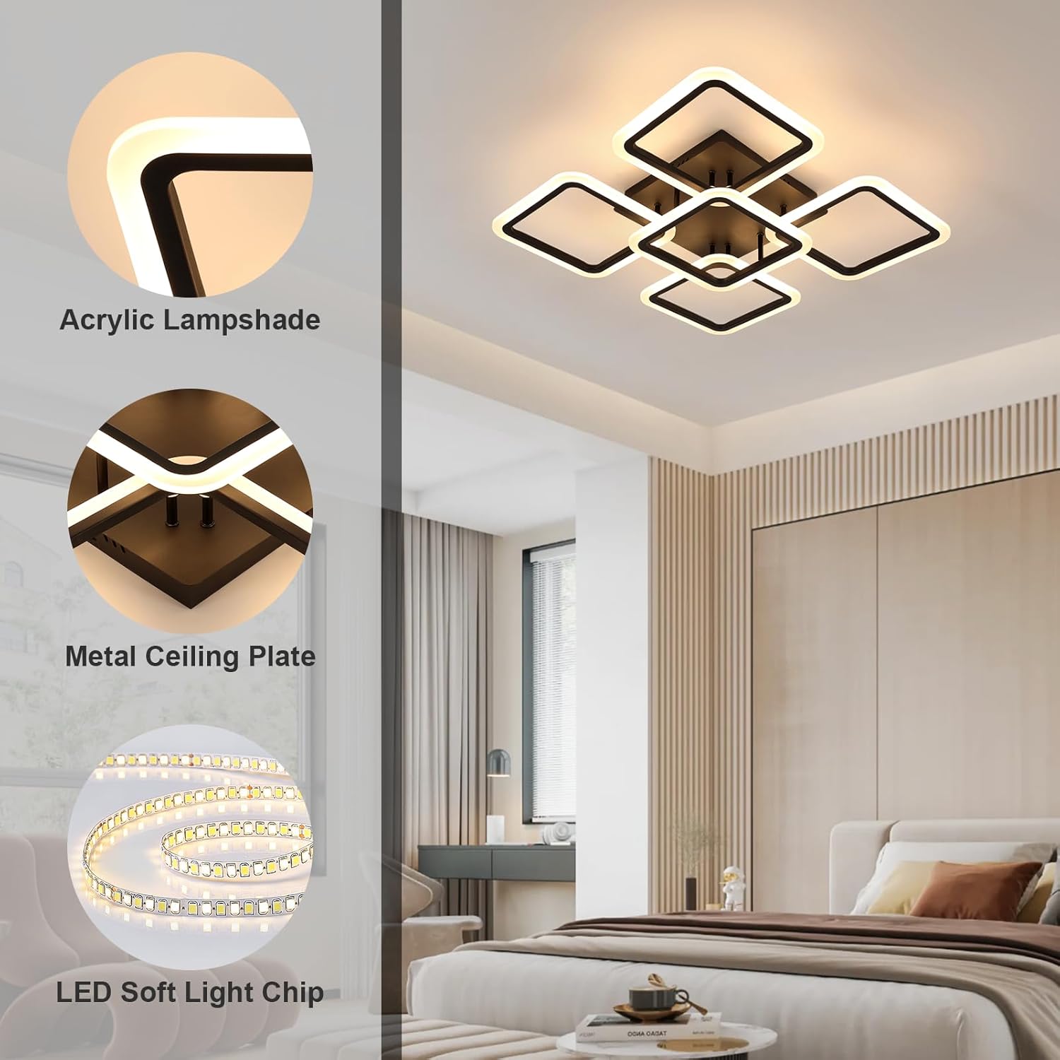 Lustra LED 4+1 Big SQUARE BLACK 60CM Echivalent 850W Telecomanda