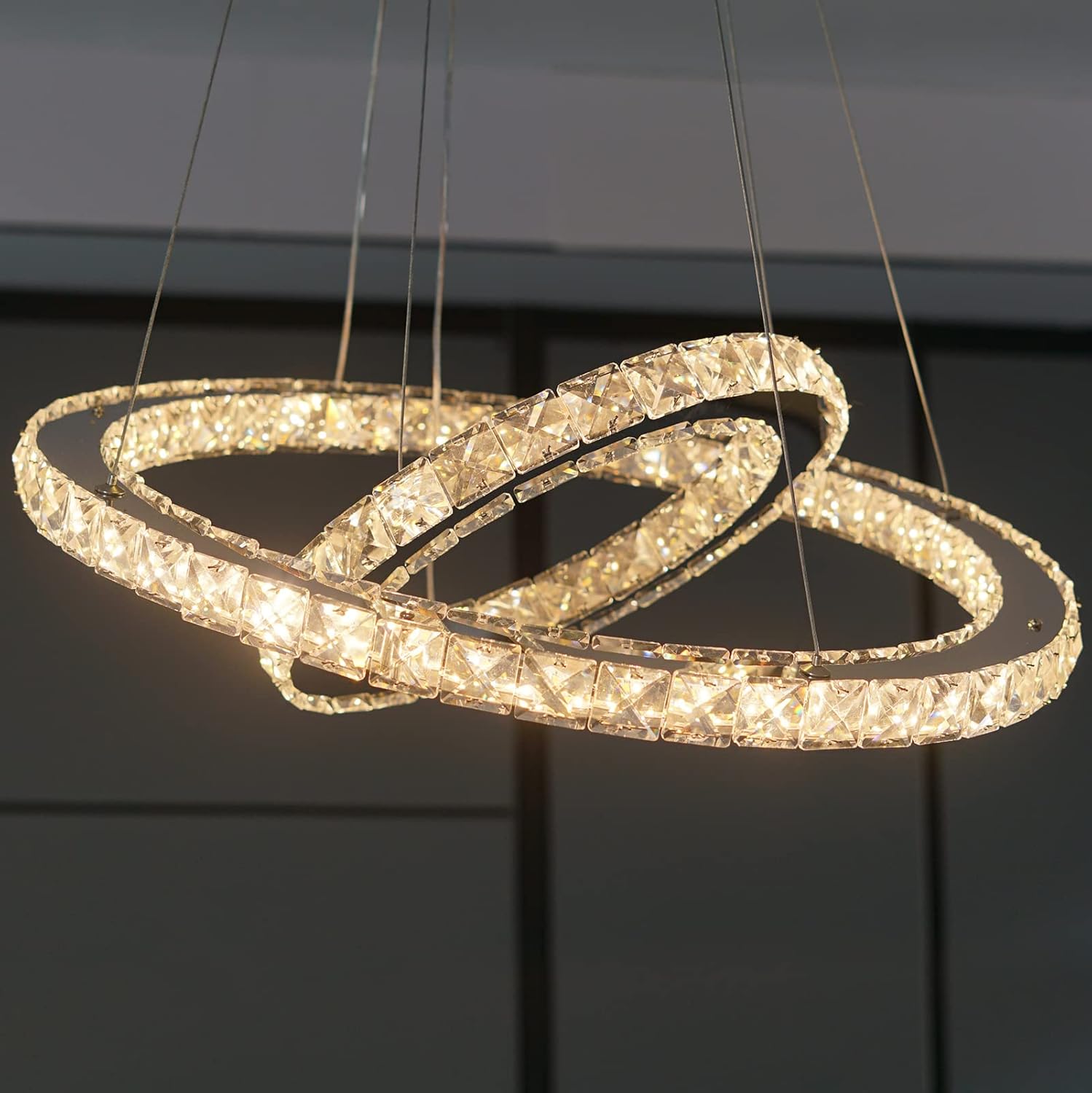 Lustra LED Cristal 2 Segmente Chrome Slim Echivalent 500W, 50+30cm, Telecomanda