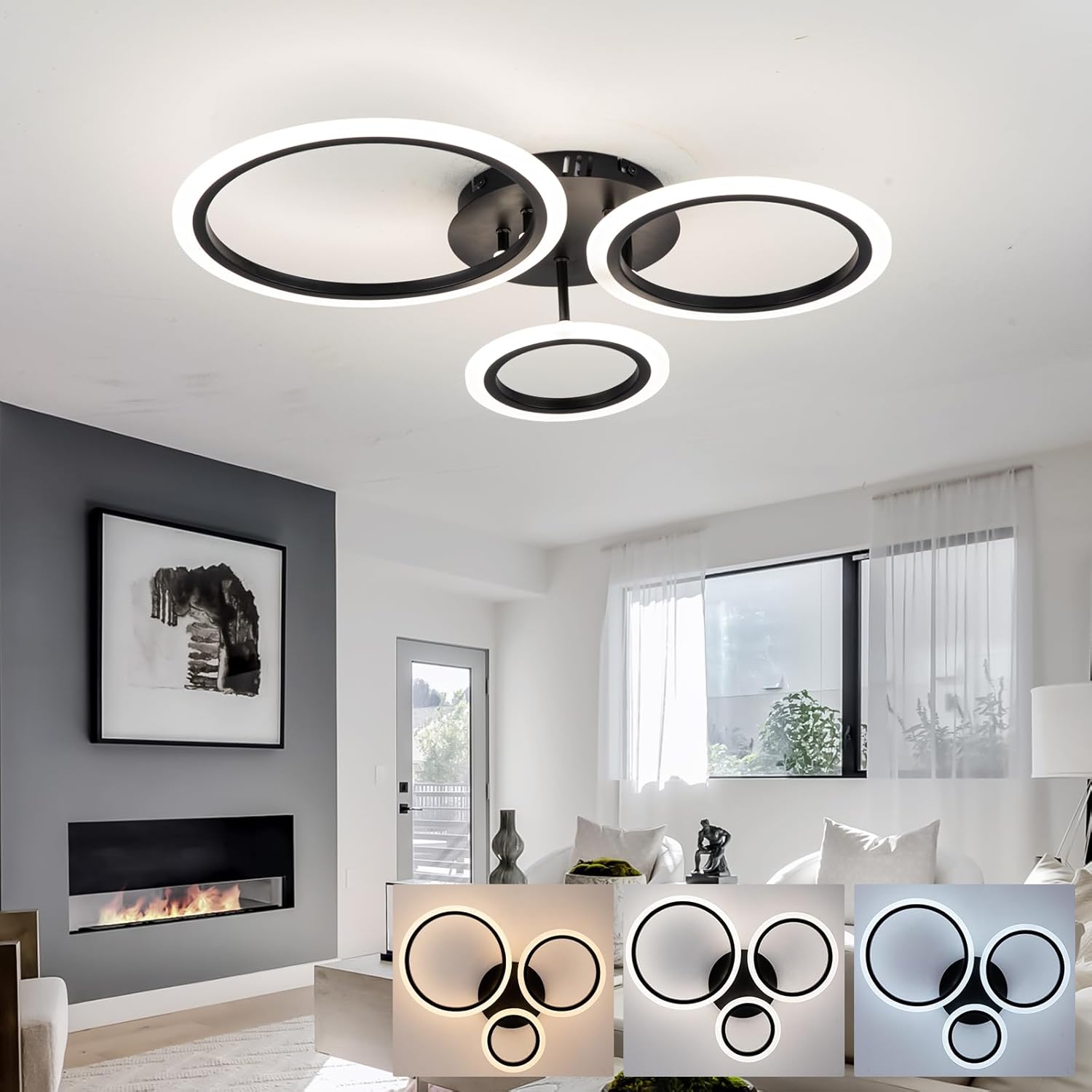 Lustra LED 3 BLACK CIRCLE Echivalent 300W Telecomanda