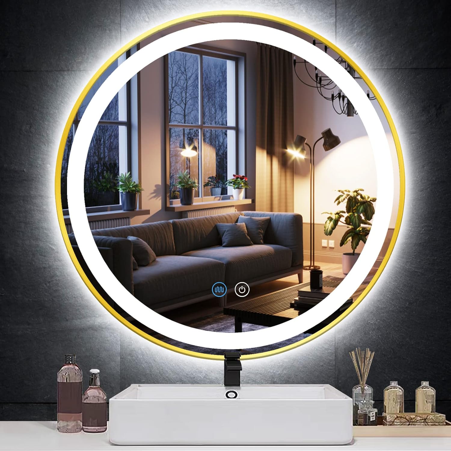 Oglinda LED Rotunda 70cm Rama Aurie, Touch si 3 Lumini OD016/GD