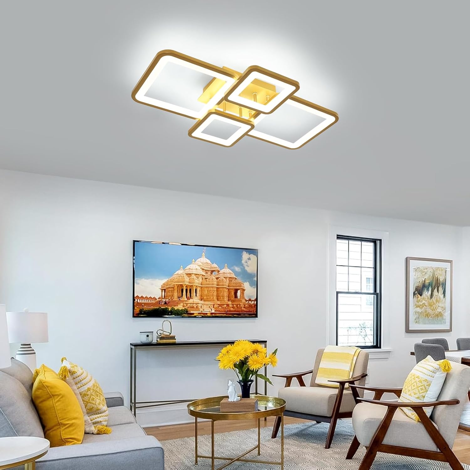 Lustra LED 2+2 SQUARE GOLD Echivalent 500W Telecomanda