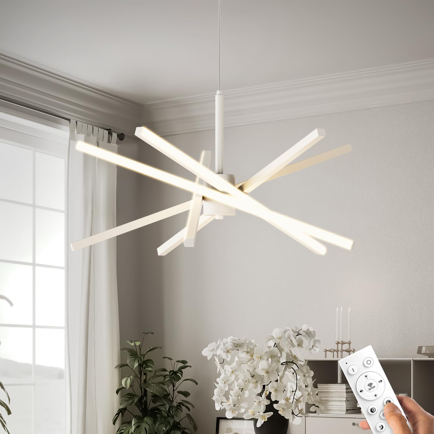 Lustra LED Geometric White LINES Suspendata Echivalent 400W Telecomanda