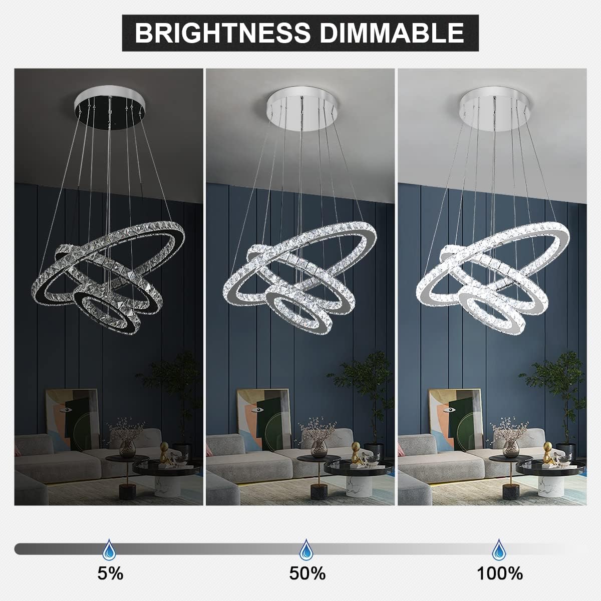 Lustra LED Cristal 3 Segmente Chrome Slim Echivalent 600W, 60+40+20cm, Telecomanda Resigilat R3
