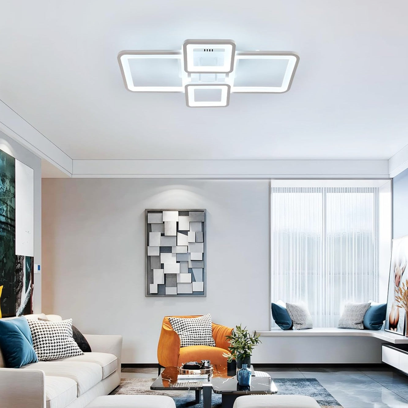 Lustra Led 2 + 2 Square Alb Echivalent 500W Telecomanda Lighting Fixtures