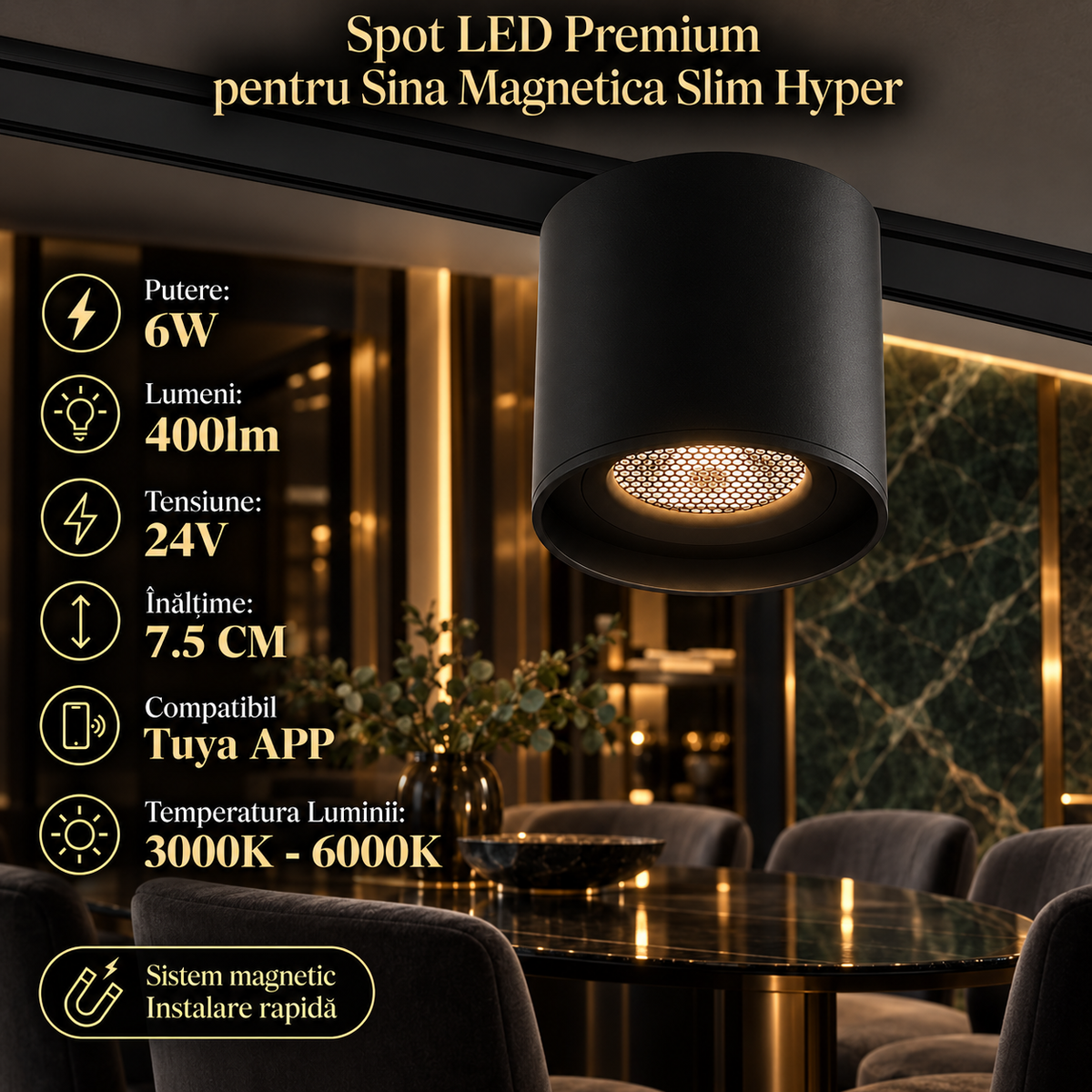 Spot LED Magnetic Rotund Premium Hyper Black 6W | ⌀8CM | 24V | 3 Tipuri de Lumina