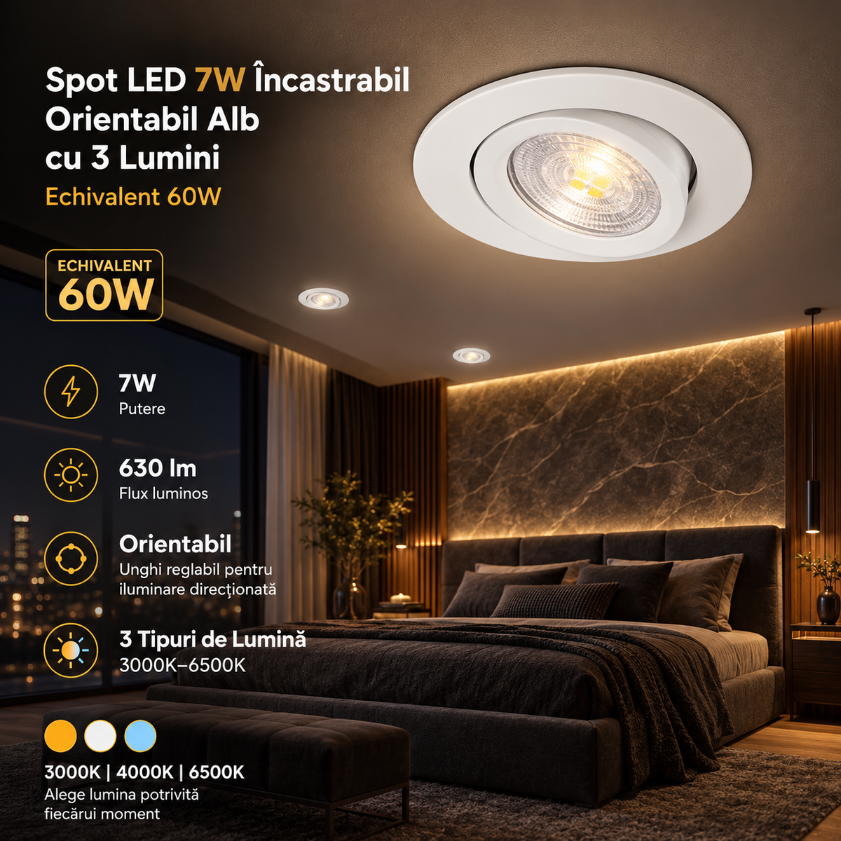 Spot LED 7W Incastrabil Orientabil CCT cu 3 Lumini Echivalent 60W