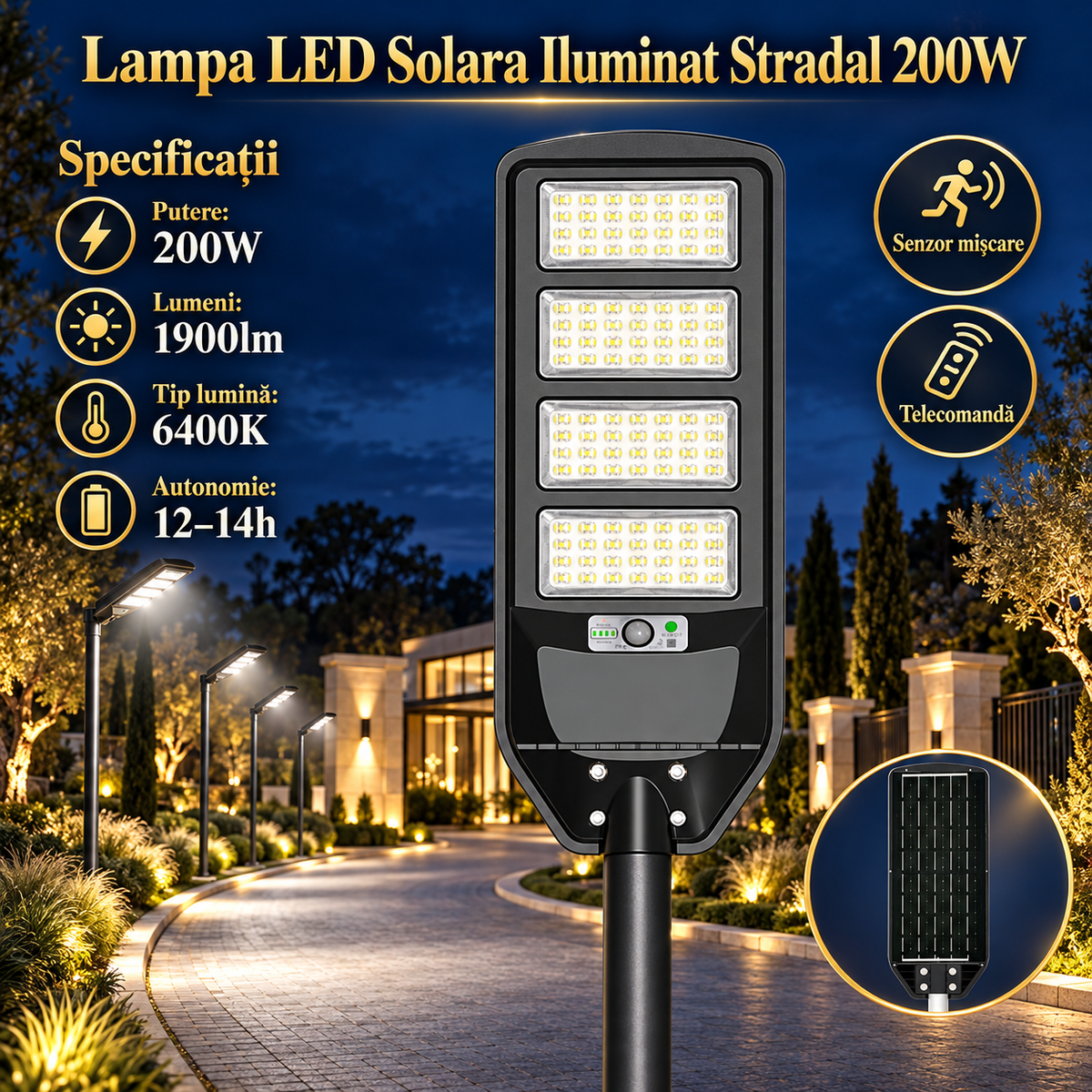 Lampa LED Solara Grand Pro cu Senzor Miscare si Telecomanda 200W | 6400K