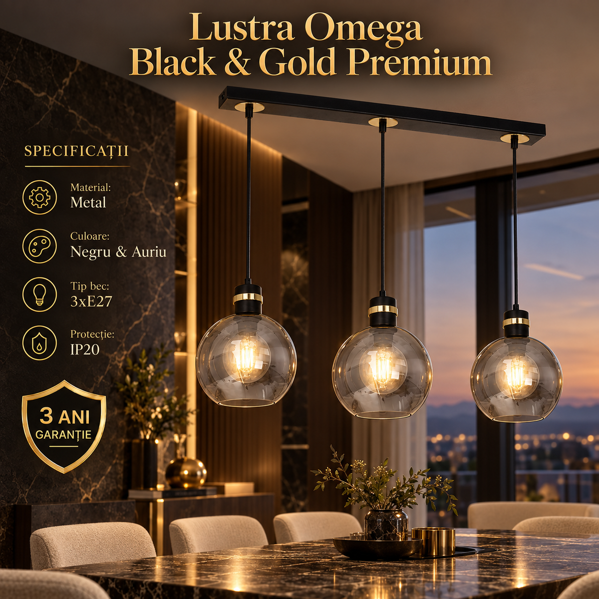 Lustra Liniara Abajur Omega Black & Gold Premium