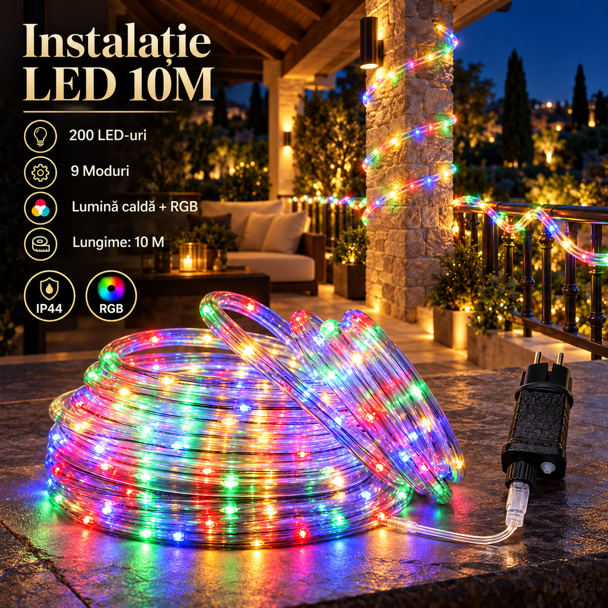 Instalatie LED Tip Sarpe 200 LED-uri 10M | 9 Moduri | 2200K + RGB | IP44
