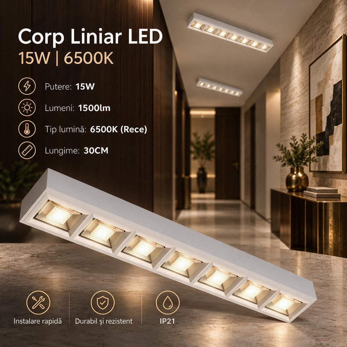 Corp Liniar LED Interconectabil Alb Moura 30CM | 15W | 6500K
