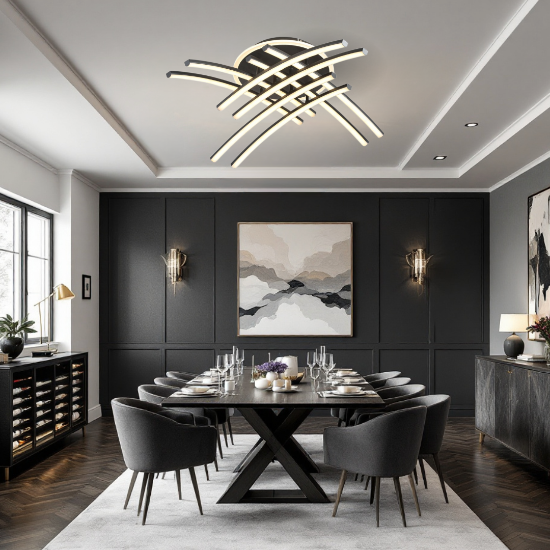 Lustra LED 136W Ophelia 8 Elemente Neagra Echivalent 800W Telecomanda