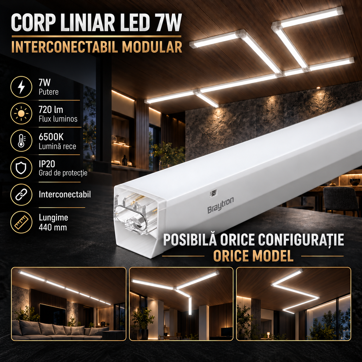 Corp LED Liniar HEGZA 7W Modular Interconectabil 6500K | IP20 | 44CM