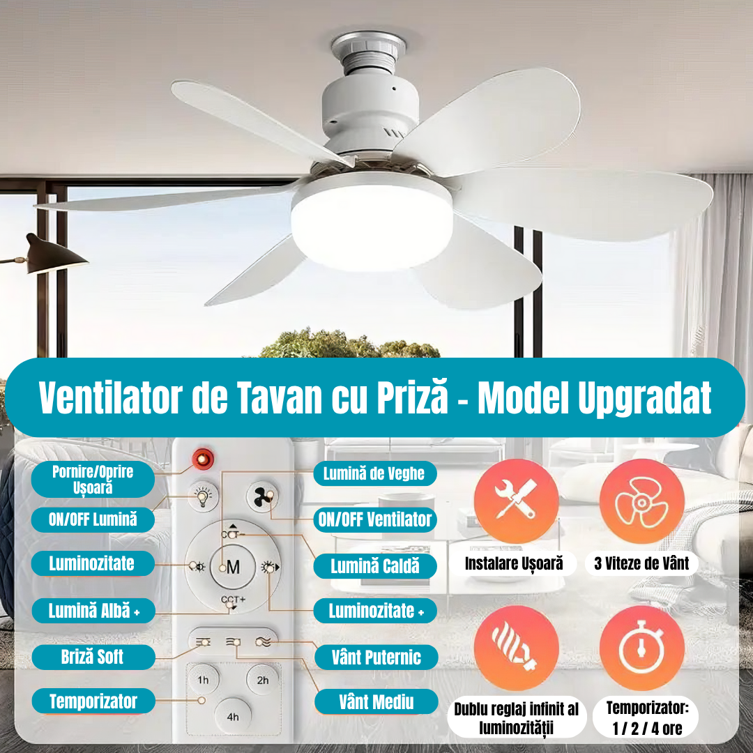 Bec LED E27 30W cu Ventilator, 3 Lumini si telecomanda
