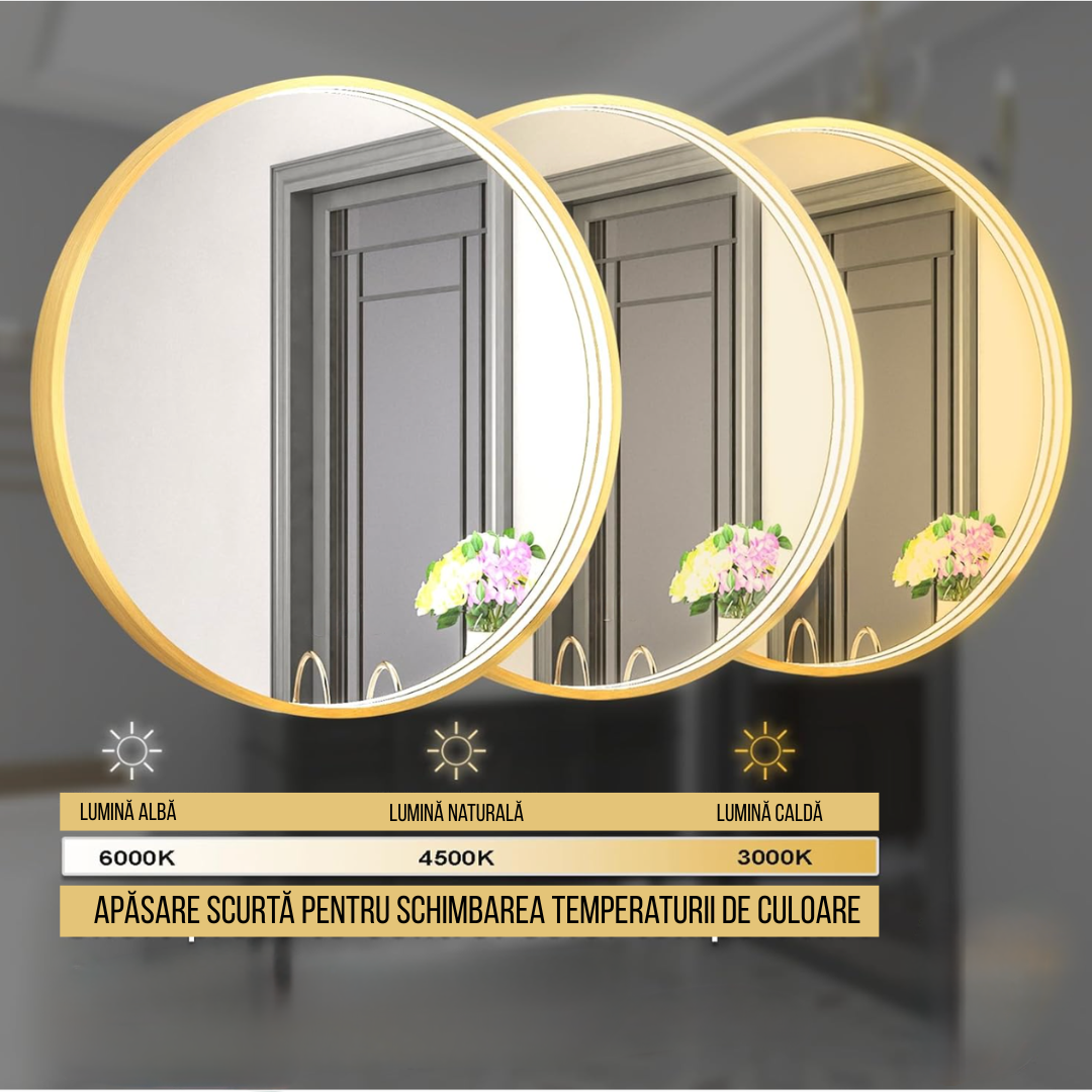 Oglinda LED Rotunda 60cm Aurie cu Touch Dezaburire si 3 Lumini
