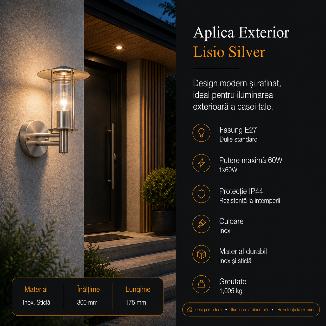 Aplica Exterior Lisio Silver IP44 Eglo 1xE27