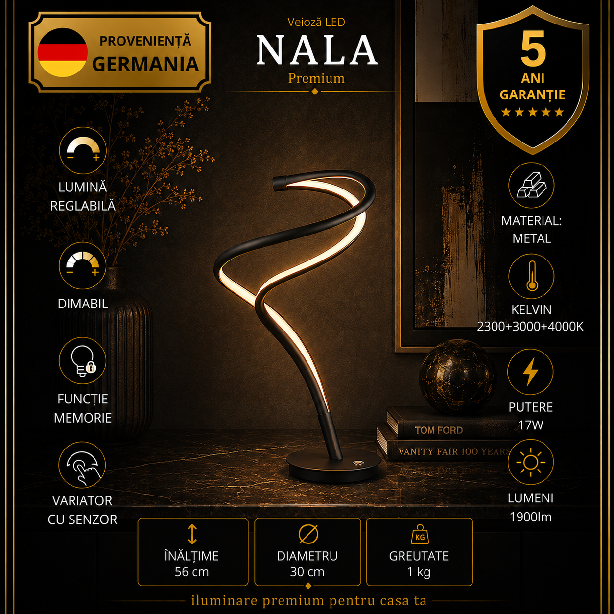 Veioza LED Premium Nala Black 56CM