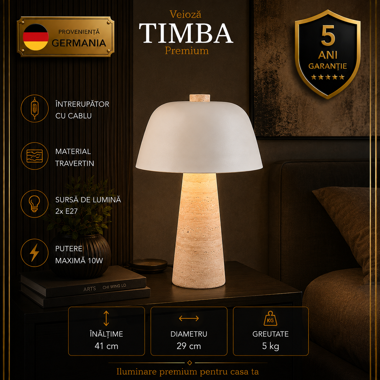 Veioza Premium Timba White & Beige 41CM | 2xE27