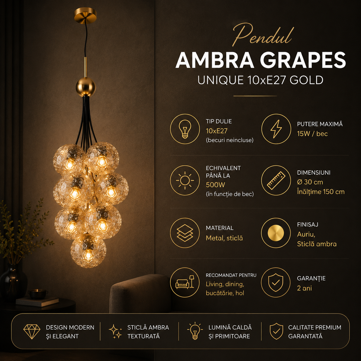 Pendul AMBRA GRAPES Unique 10xE27 Gold