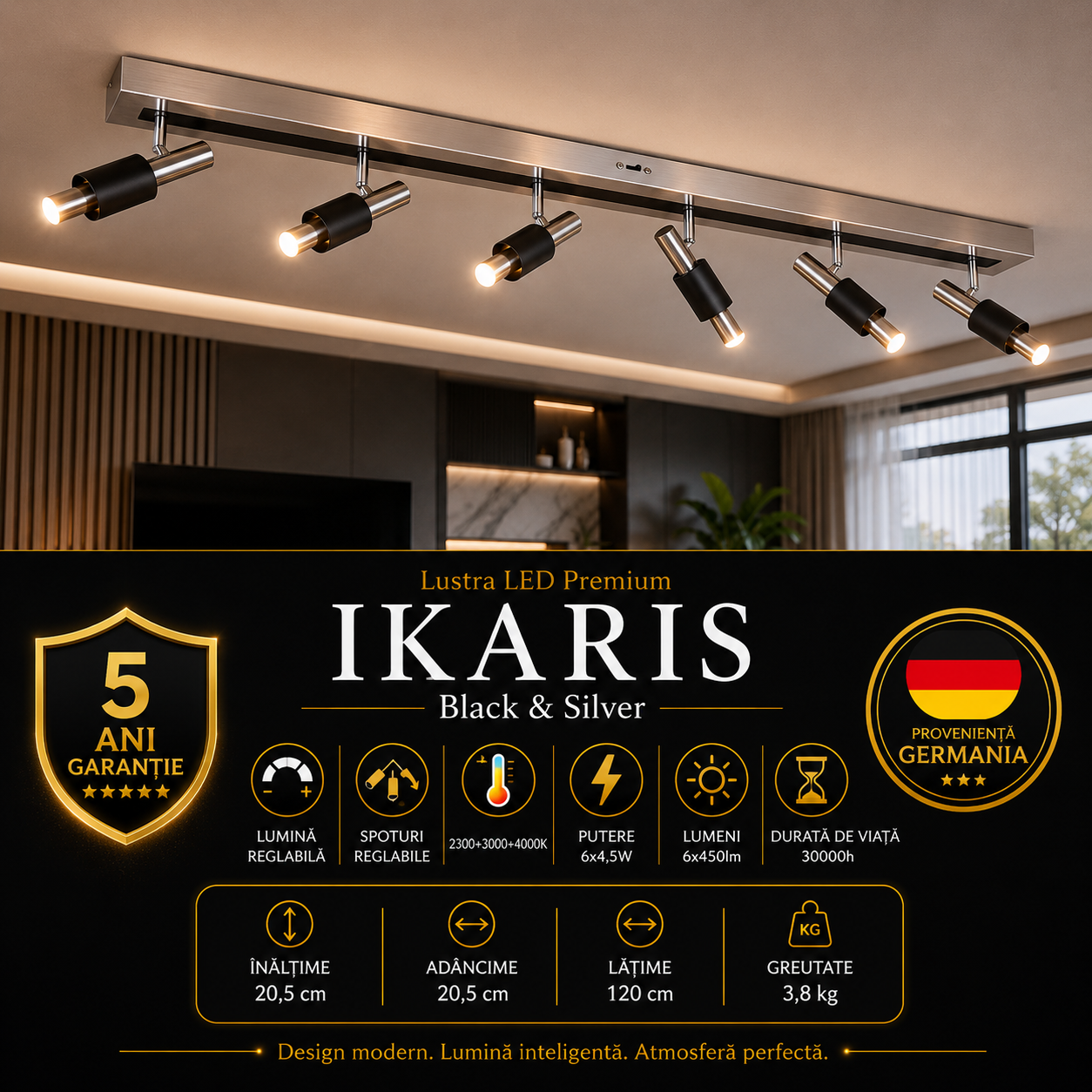Lustra LED Premium IKARIS Black & Silver cu 6 Spoturi Reglabile