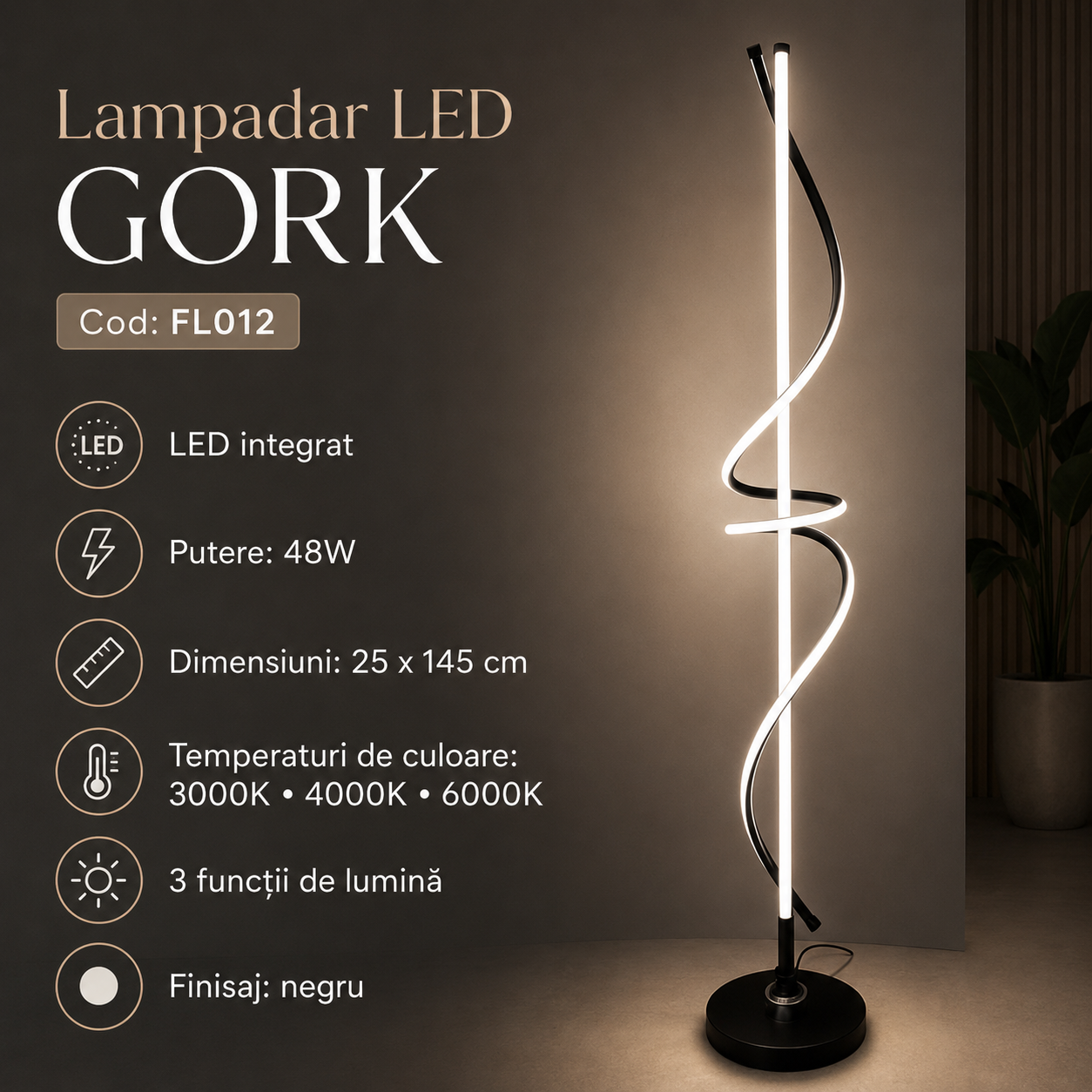 Lampadar LED 145CM 48W GORK Black 3 Functii de Lumina