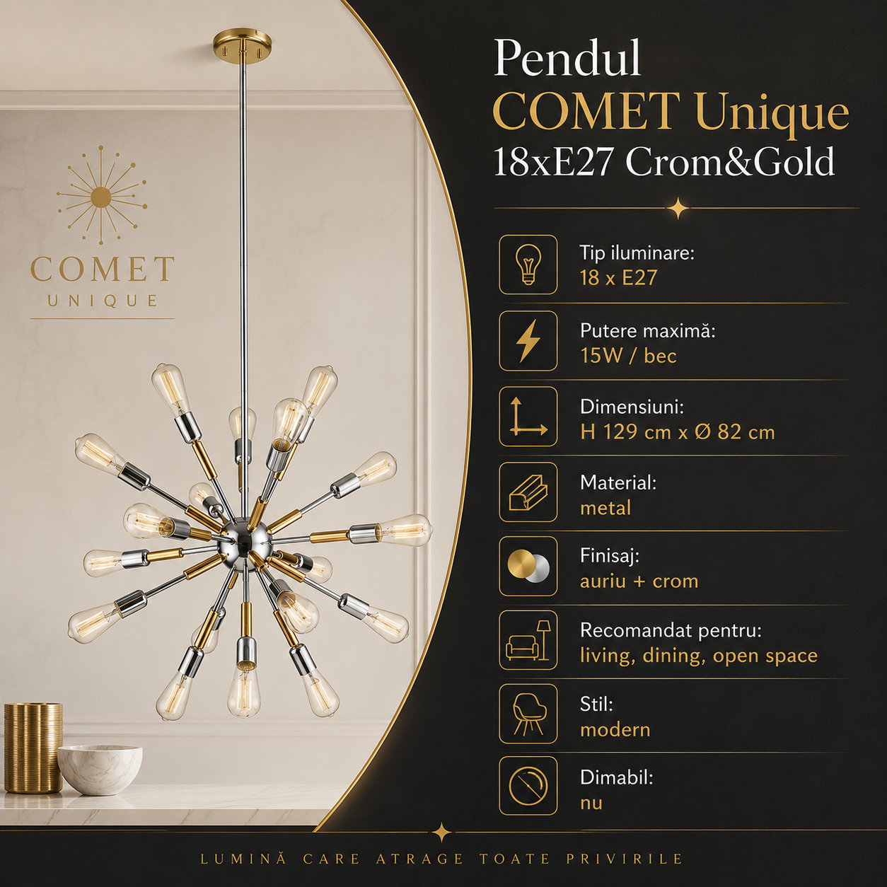 Lustra COMET Unique 18xE27 Crom&Gold
