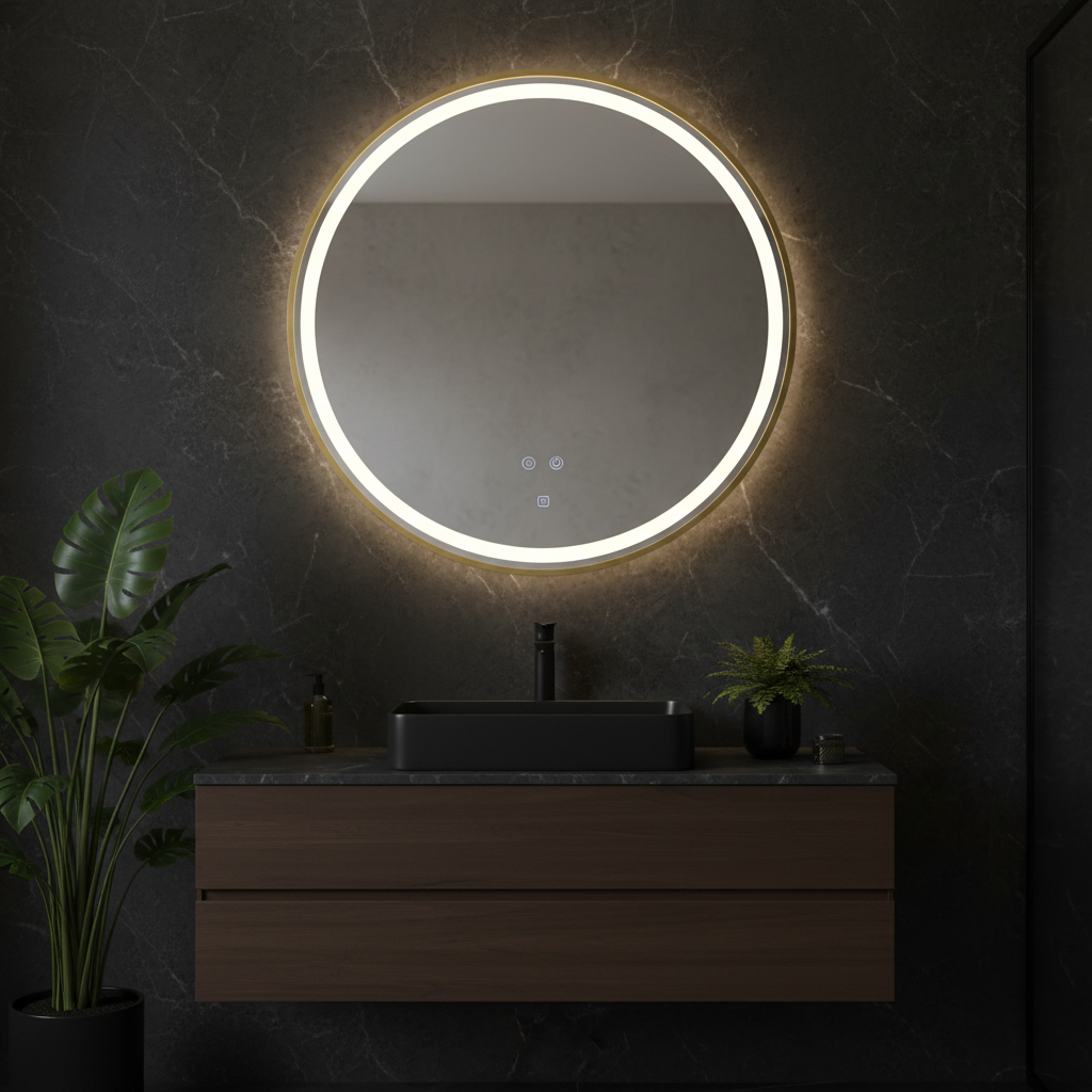 Oglinda LED Rotunda Aurie 70cm, 3 Lumini, Dezaburire, DImabila si Touch OD016-Auriu
