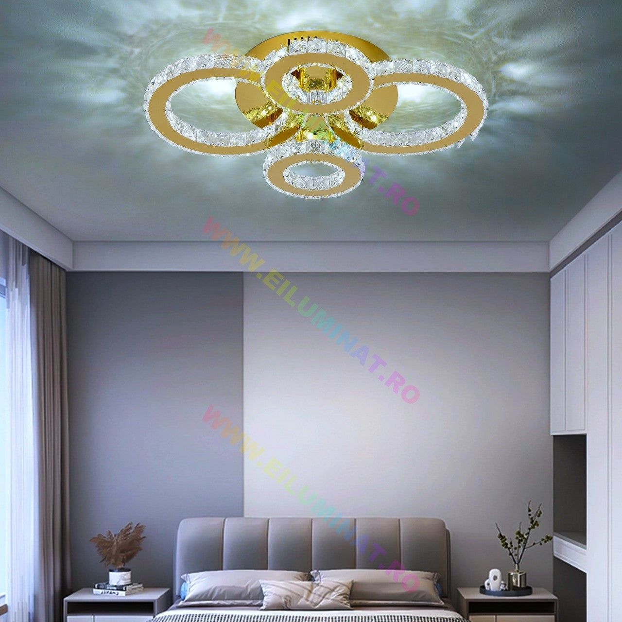 Lustra LED 2+2 Circle GOLD Cristal Echivalent 400W Telecomanda