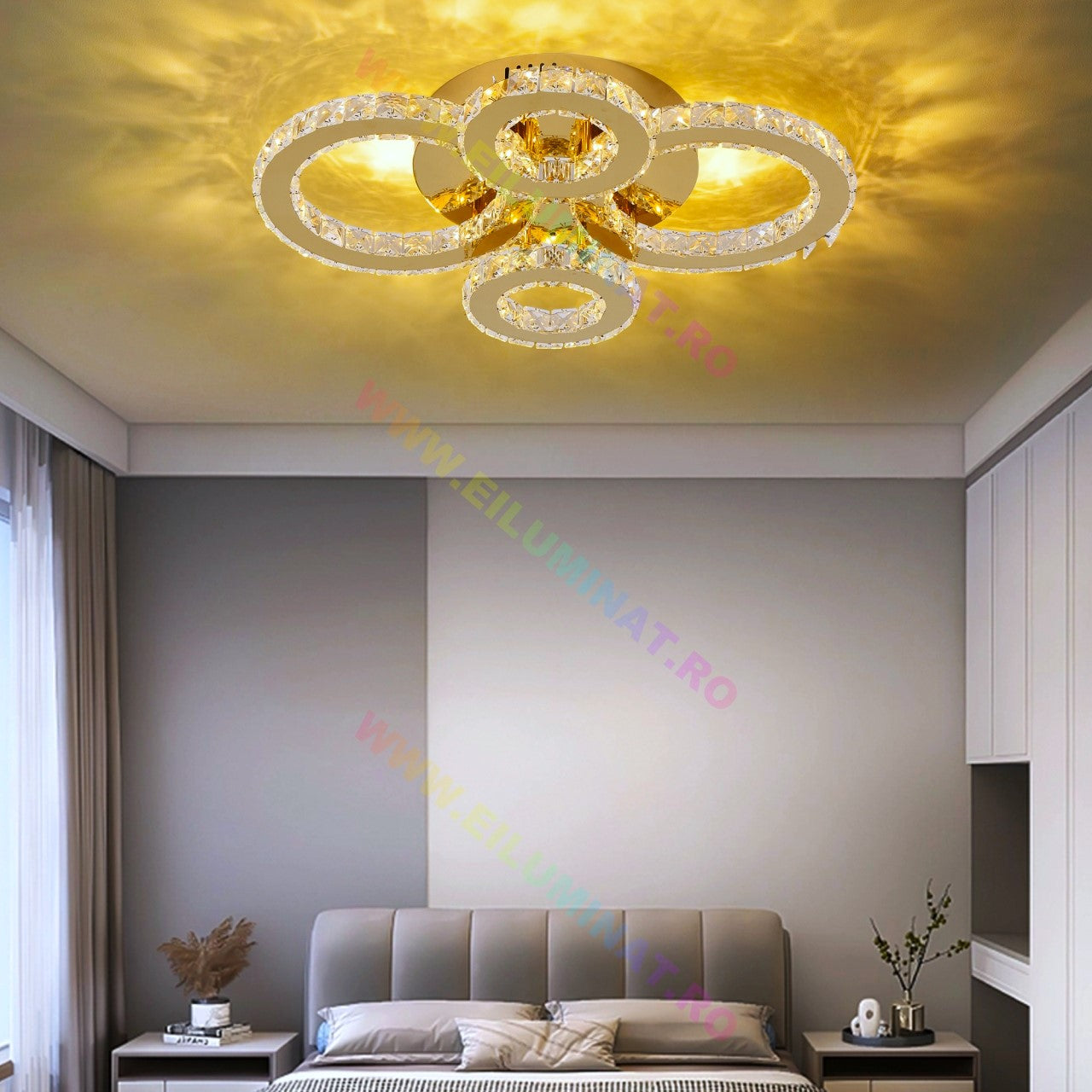 Lustra LED 2+2 Circle GOLD Cristal Echivalent 400W Telecomanda