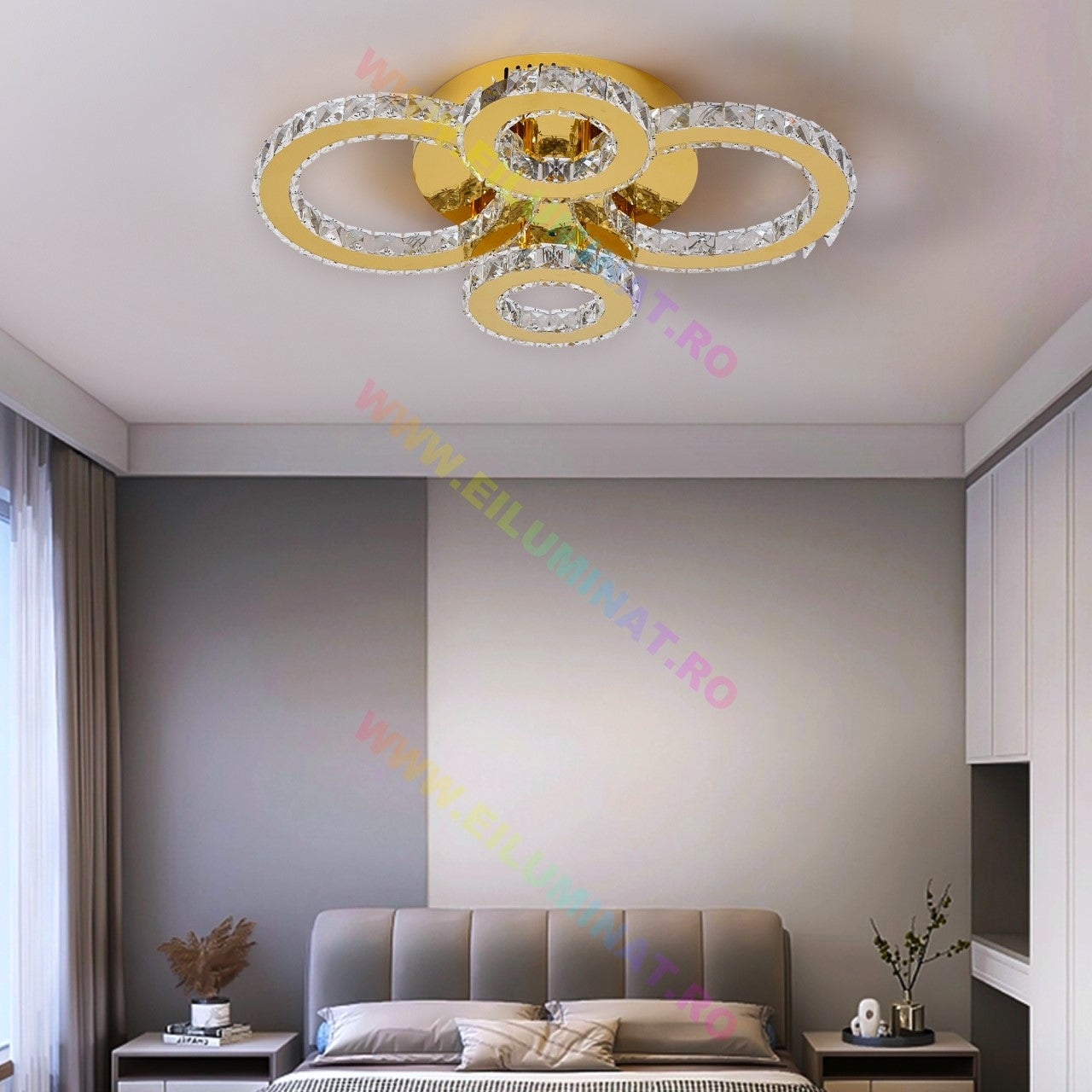 Lustra LED 2+2 Circle GOLD Cristal Echivalent 400W Telecomanda