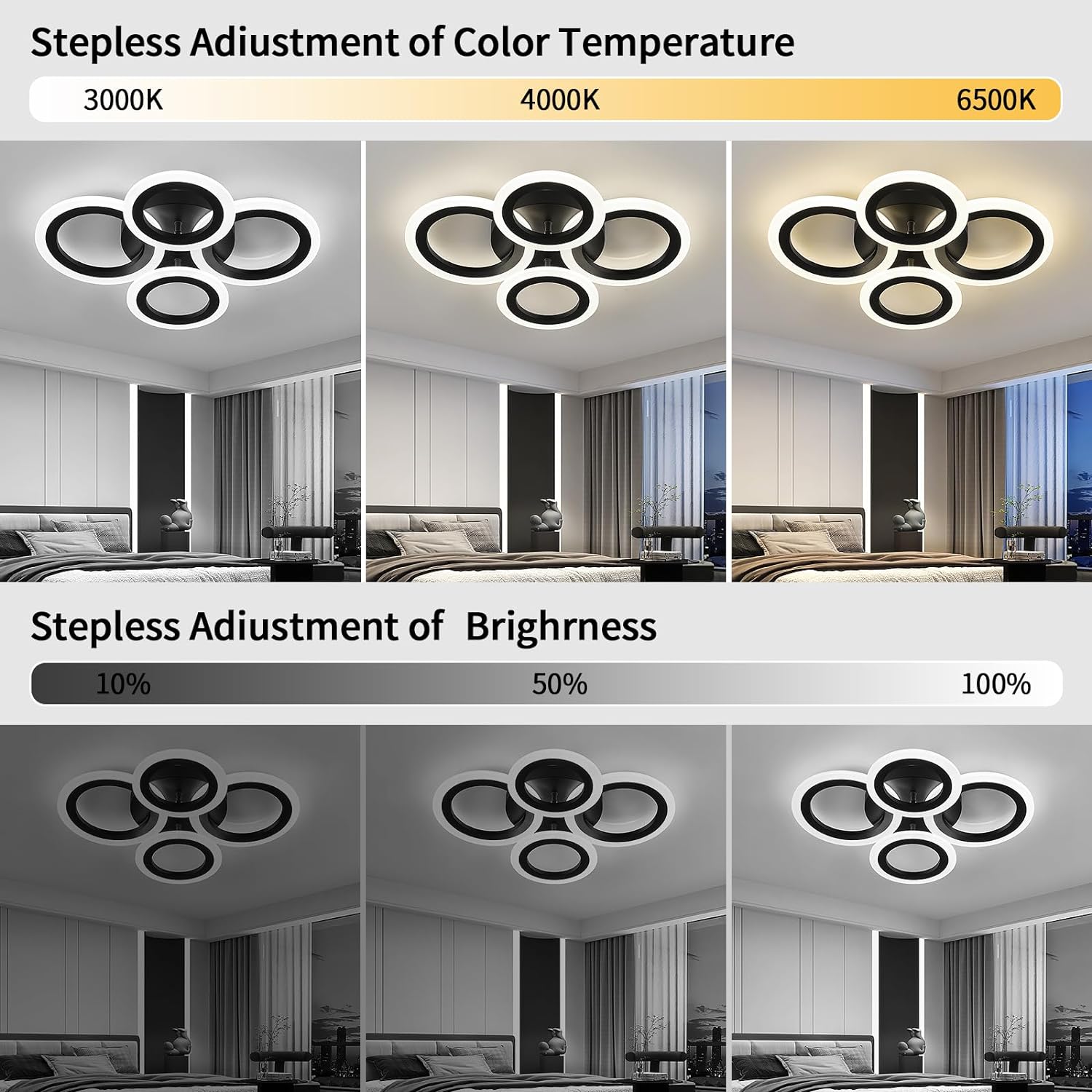 Lustra LED 72W 4 CIRCLE BLACK SMART Control Vocal Echivalent 400W