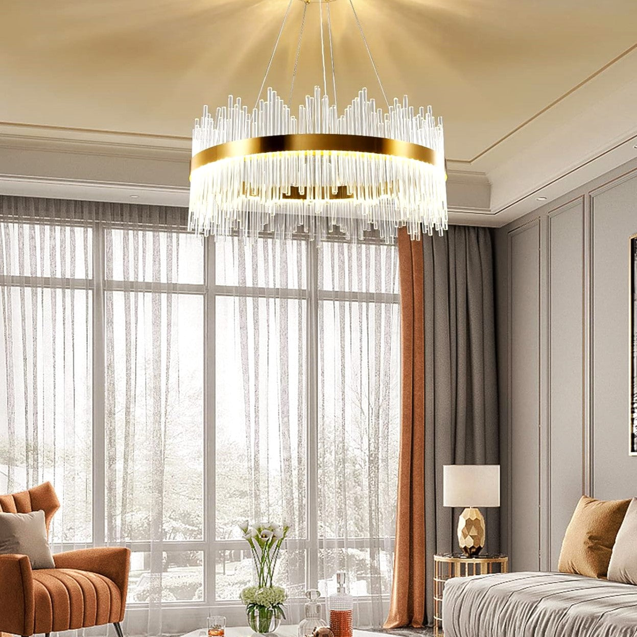 Lustra LED Suspendata CROWN Gold Cristal 80cm Echivalent 600W