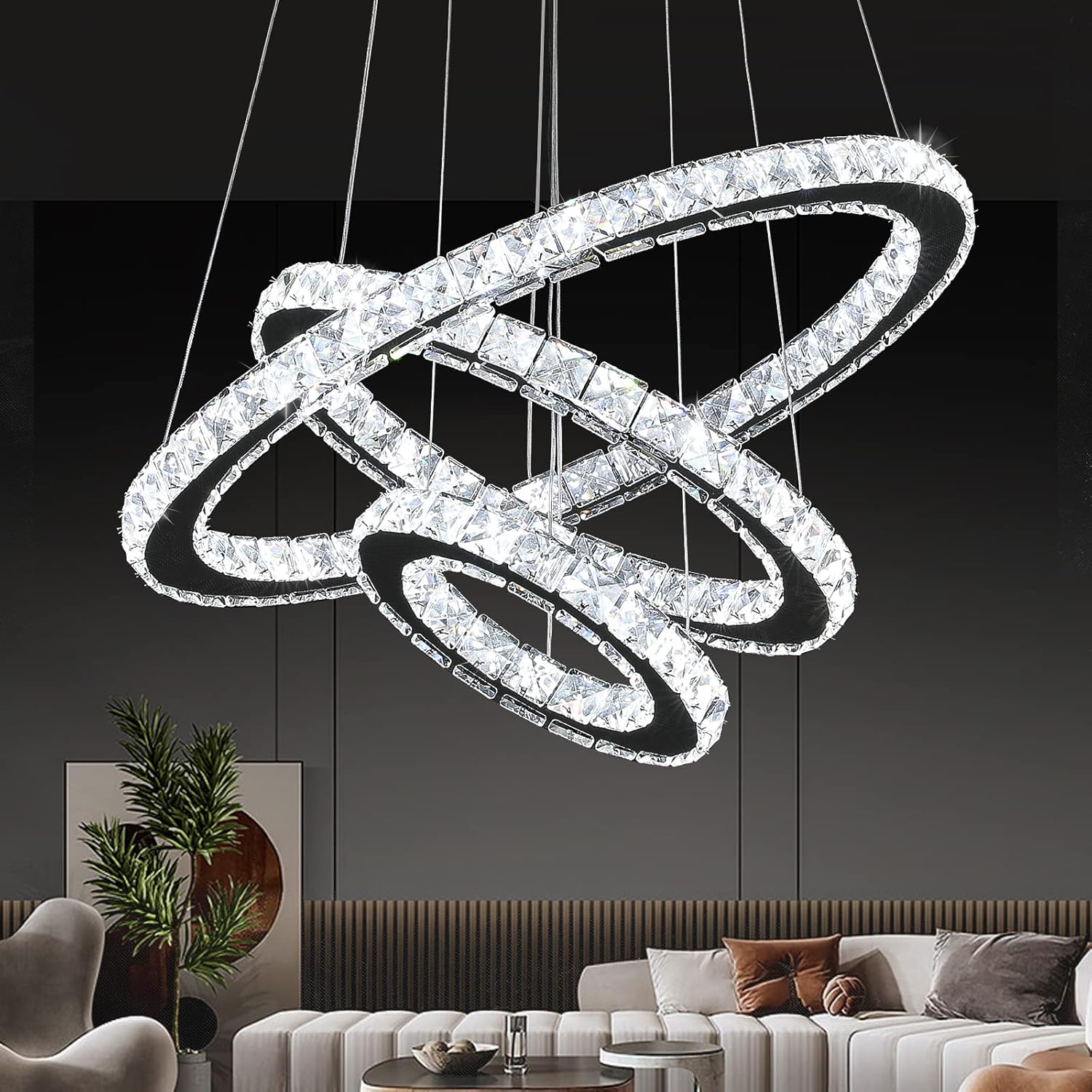 Lustra LED Cristal 3 Segmente Chrome Slim Echivalent 600W, 60+40+20cm, Telecomanda Resigilat R3