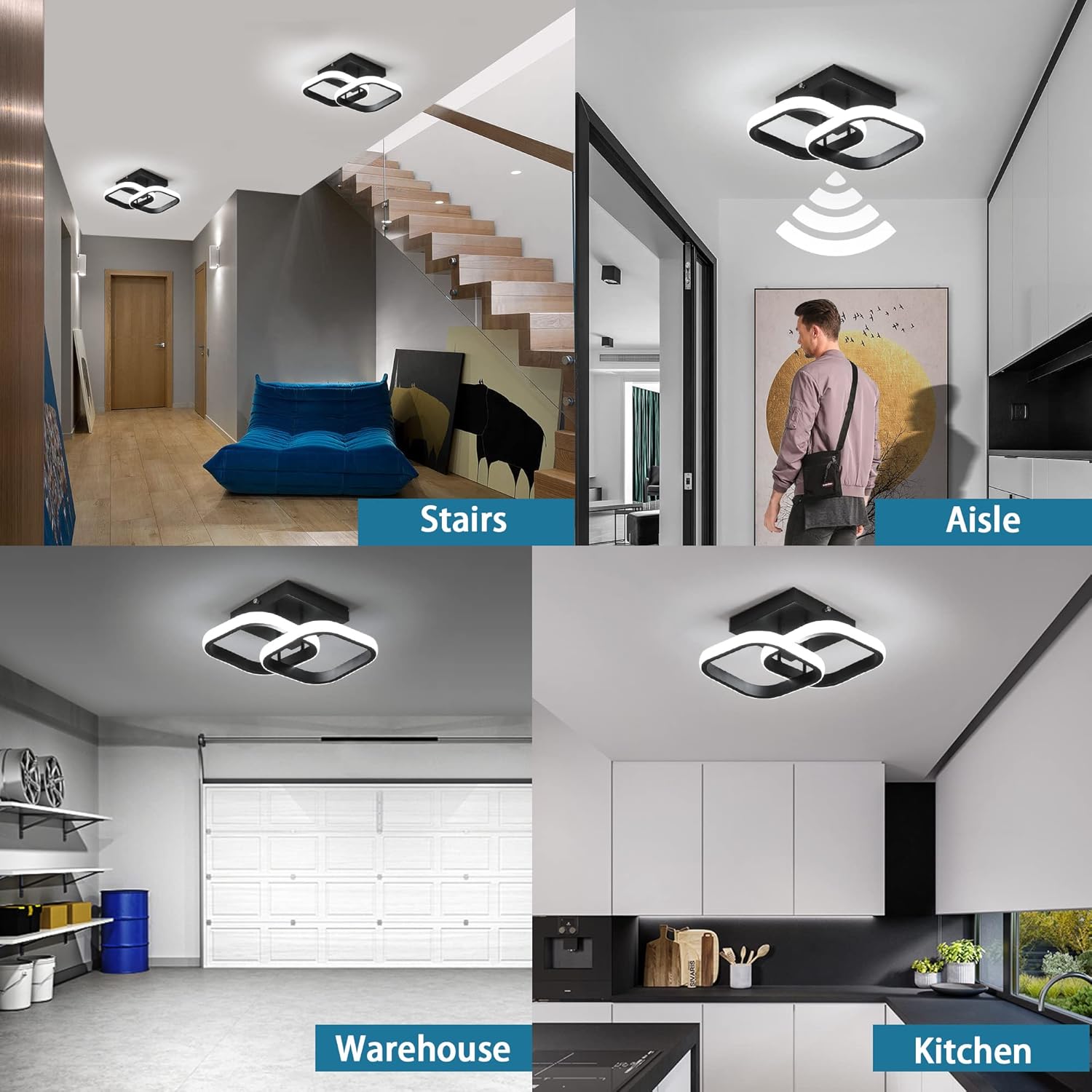 Lustra LED Double Square Black cu Senzor Miscare Echivalent 150W Resigilat R3