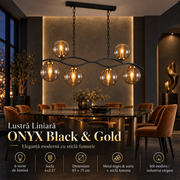 Lustra Liniara cu Abajur ONYX Black & Gold 6xE27 Sticla Fumurie 85CM