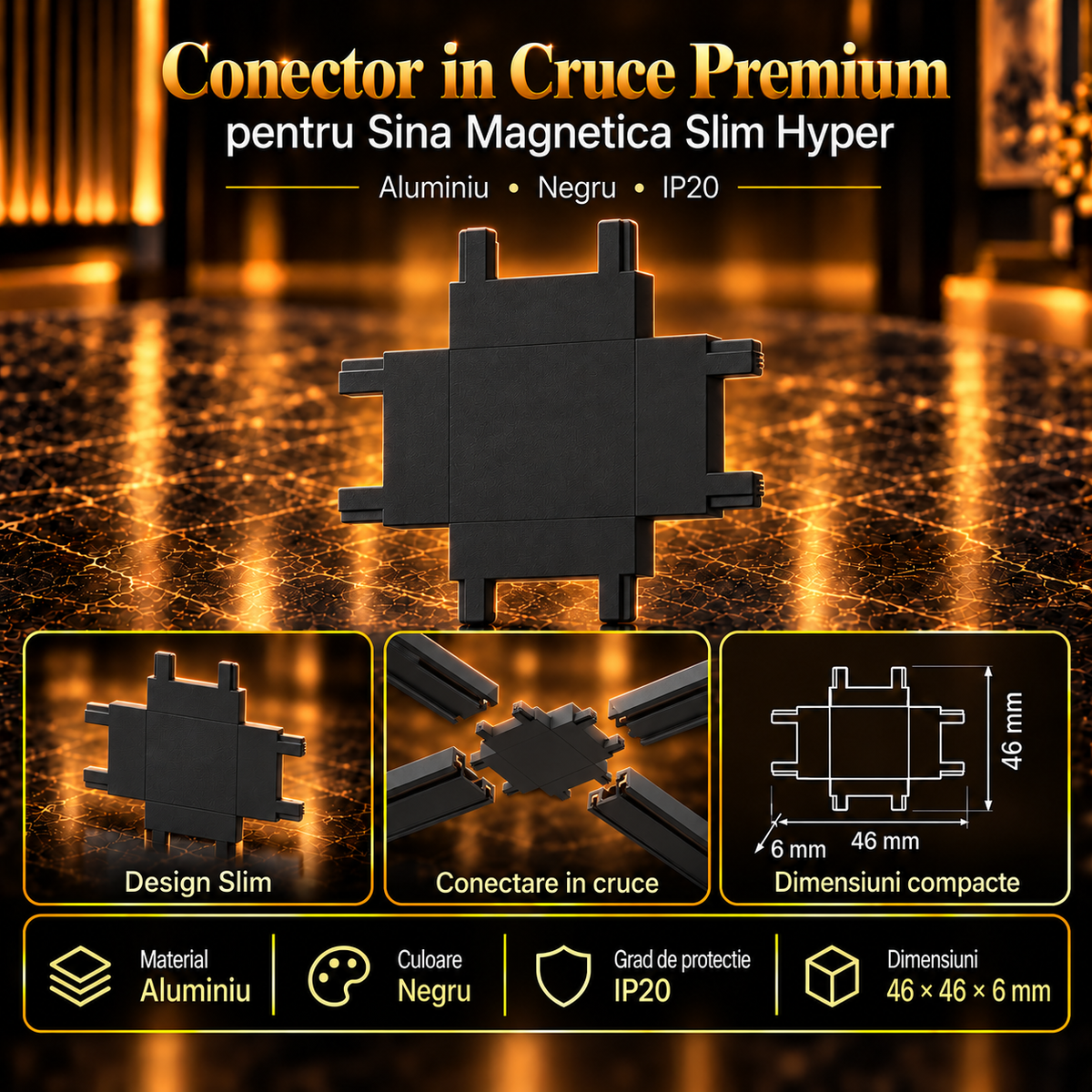 Conector in Cruce Premium Black pentru Sina Magnetica Hyper