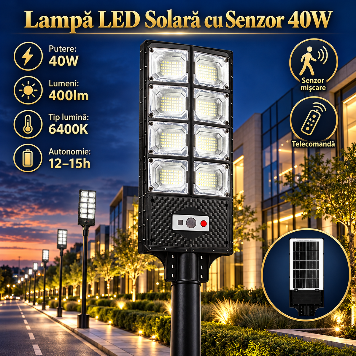 Lampa LED Solara Compact Pro cu Senzor Miscare si Telecomanda 40W | 6400K