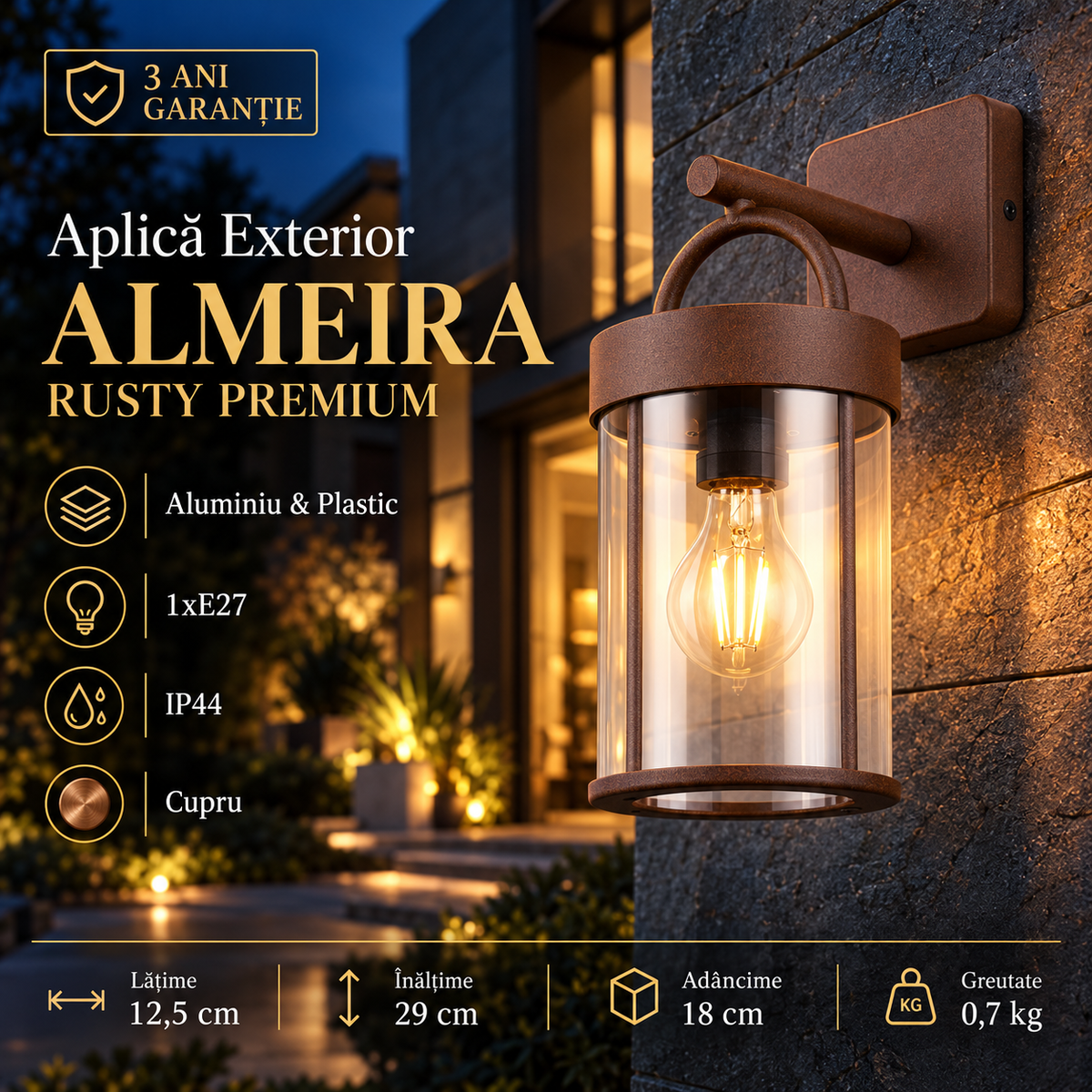 Aplica Exterior Tip Felinar Premium Almeira Rusty 1xE27 | IP44