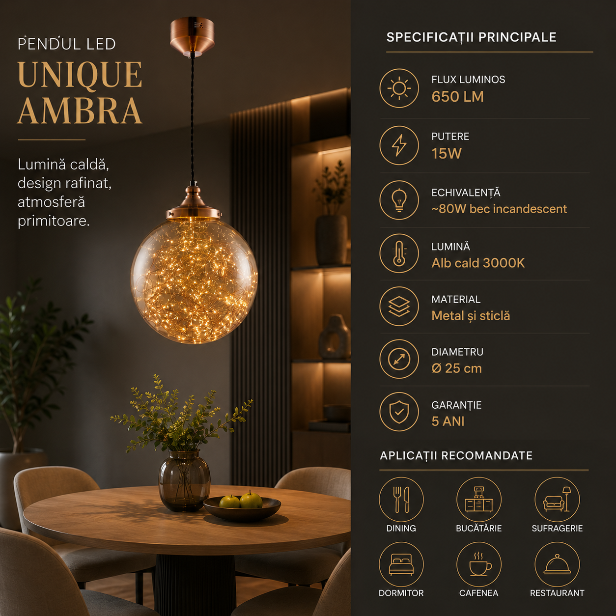 Pendul LED Unique AMBRA Echivalent 60W