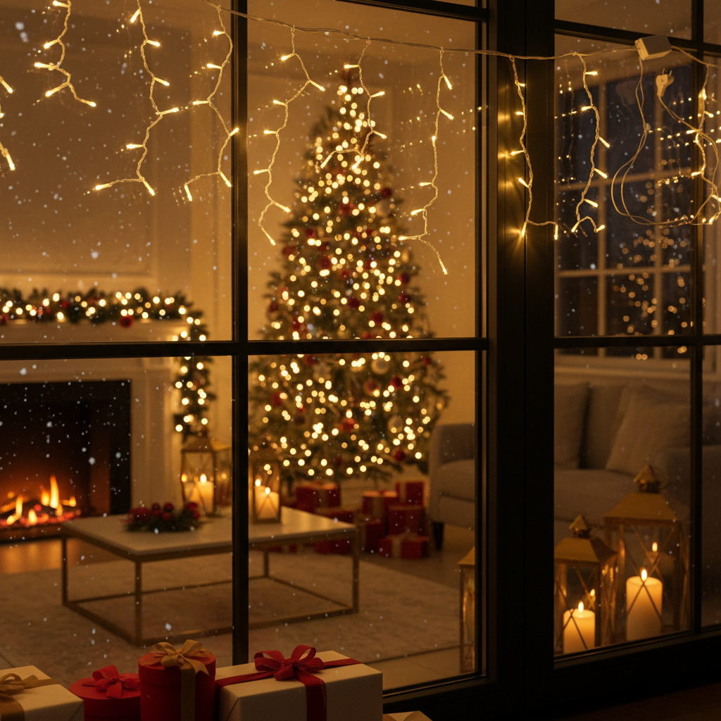 Instalatie LED Perdea Snowvale 10x0.6m Lumina Alb Cald 400 LED-uri Fir Alb IP44