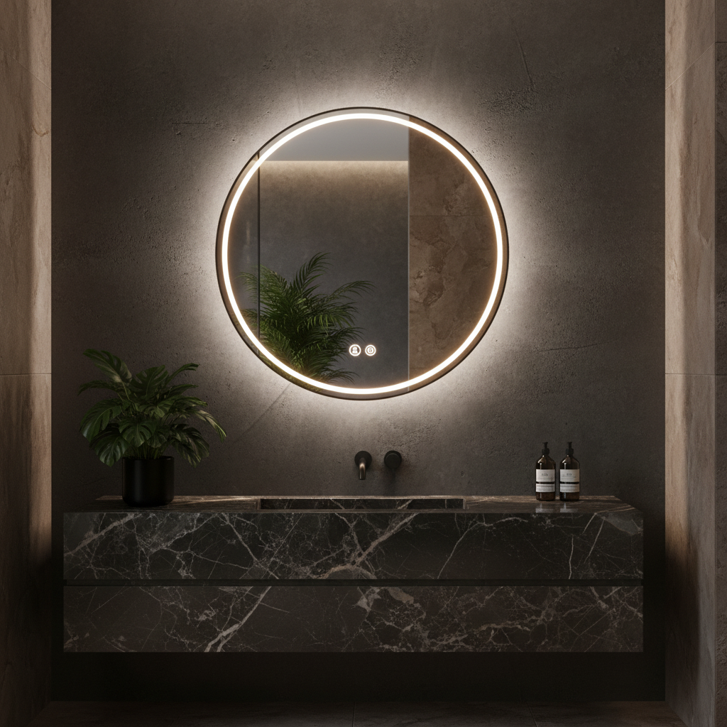 Oglinda LED Rotunda 70cm, 3 Lumini, Dezaburire, DImabila si Touch OD016-Negru