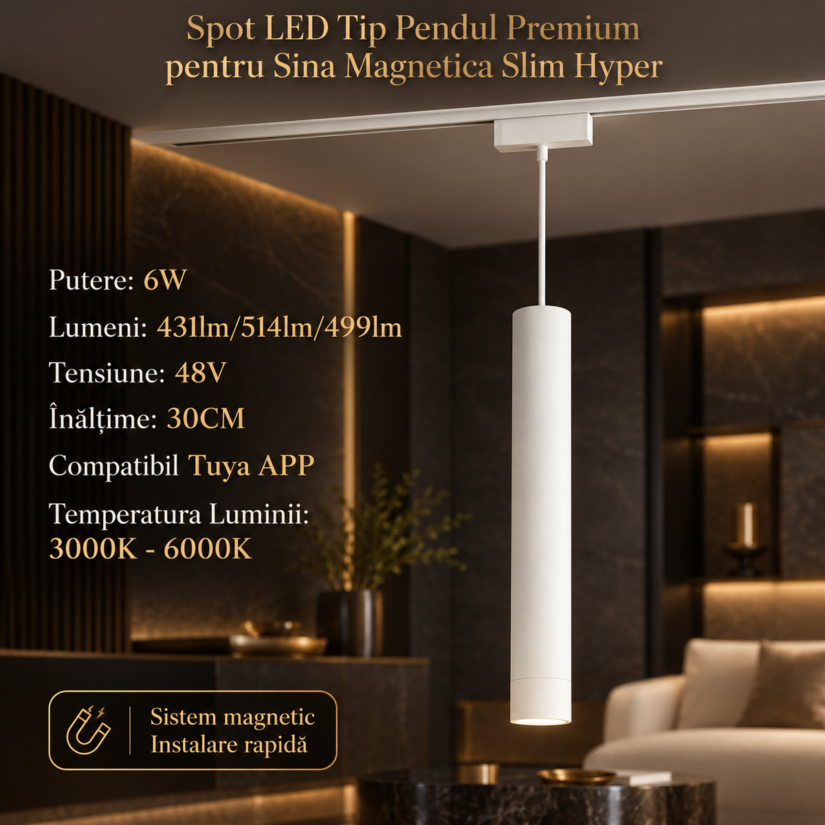 Spot LED Magnetic Tip Pendul Premium Hyper White 6W | H30CM | 48V | 3 Tipuri de Lumina