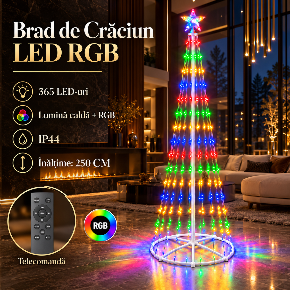 Brad LED RGB de Craciun Alb 250CM | 480lm | Telecomanda | IP44