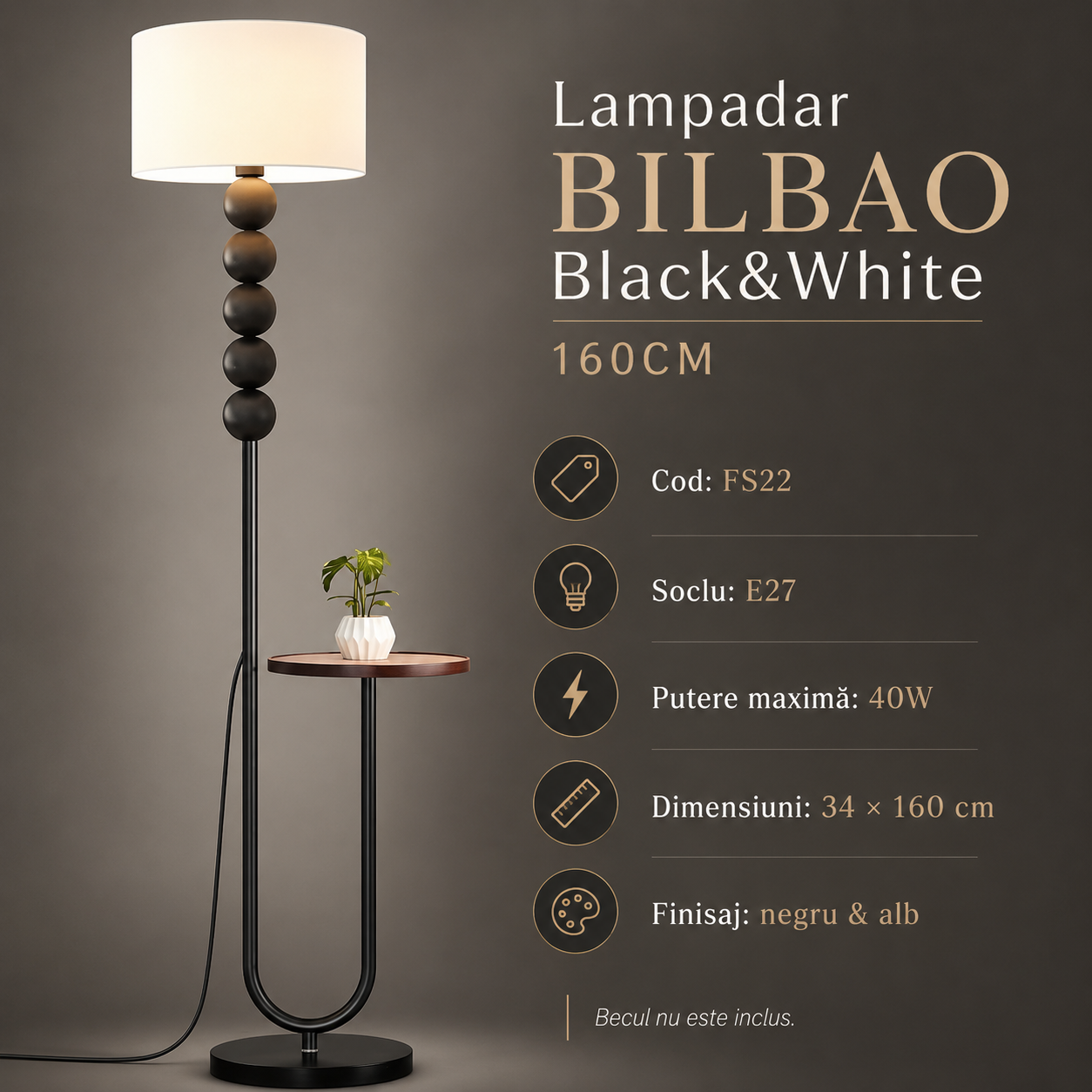 Lampadar BILBAO Black&White Cu Masuta 160CM